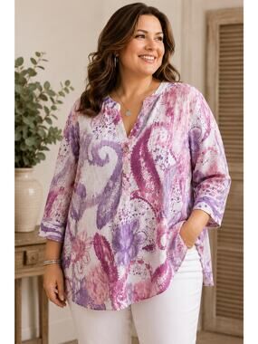 Chico's Linen Tunic SZ20 Purple Pink Paisley Print Button Popover Boho Coastal